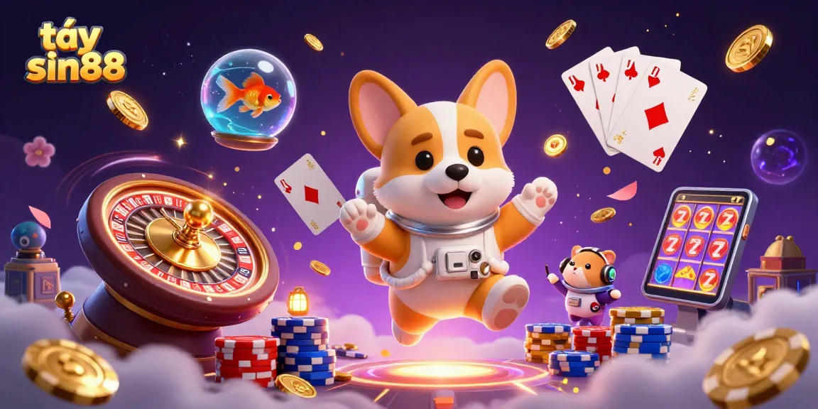 Engage at tại sin88 with a vibrant 3D casino adventure led by a floating astronaut corgi and friends.