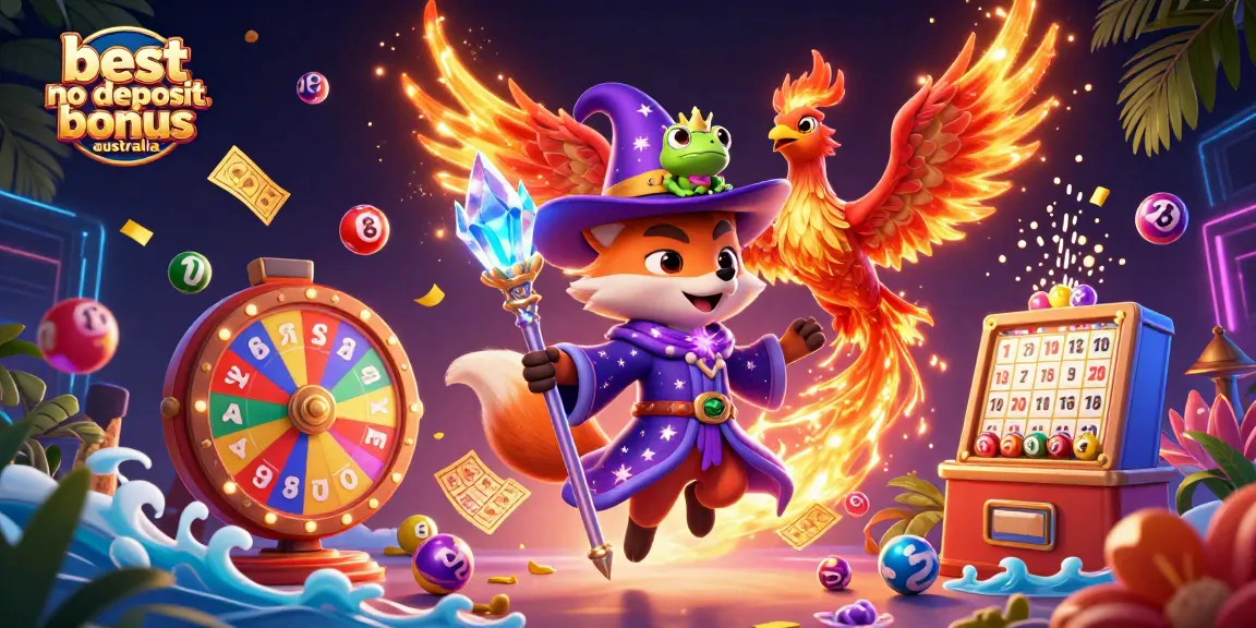 Experience the excitement of the best no deposit bonus Australia with this lively 3D illustration of a wizard fox, phoenix, and enchanted frog among dynamic casino elements.
