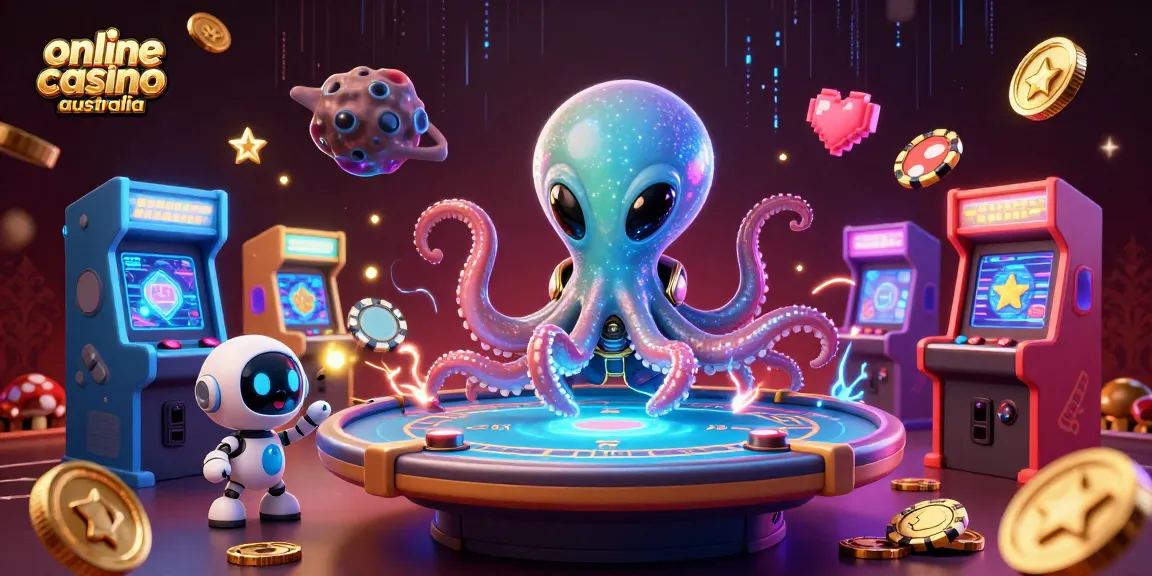 Engage in an exciting online casino Australia scene featuring a playful alien octopus and arcade elements.