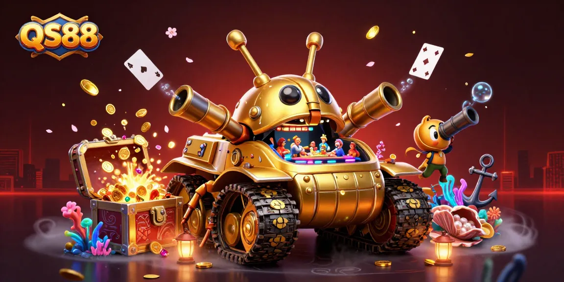 QS88 showcases a unique 3D illustration of a golden beetle tank hosting a miniature casino experience.