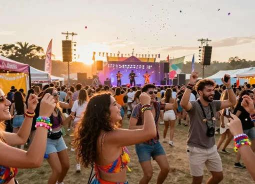 The lively crowd at a festival shows friends wearing pulsera monedero festival for seamless access and payments.