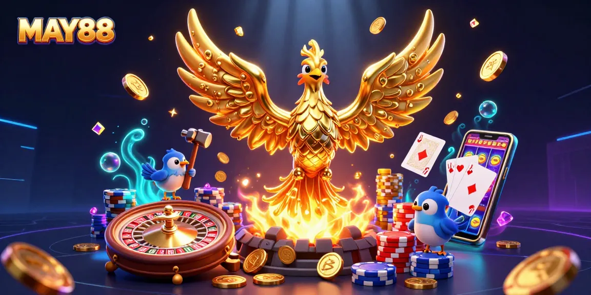 MAY88 showcases a golden phoenix surrounded by casino elements, evoking excitement in gambling activities.