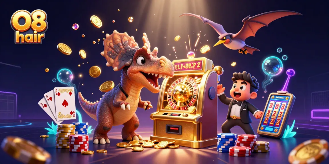 O8 hair showcases a pachycephalosaurus jackpot scene, vibrant coins, and a panicked manager.