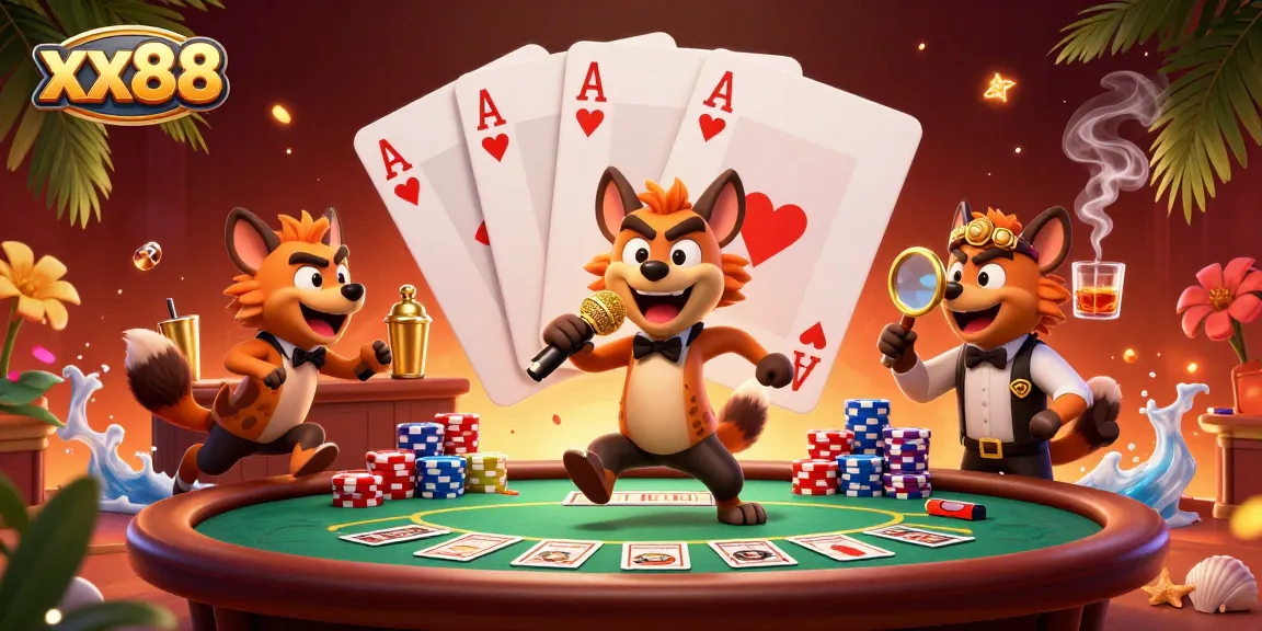 xx88 hyenas lead a vibrant comedy casino scene with poker action and celebration.