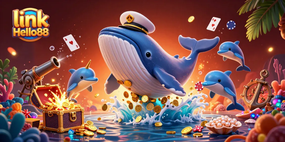 Catch the excitement with link Hello88 in this vibrant casino-themed 3D whale scene.