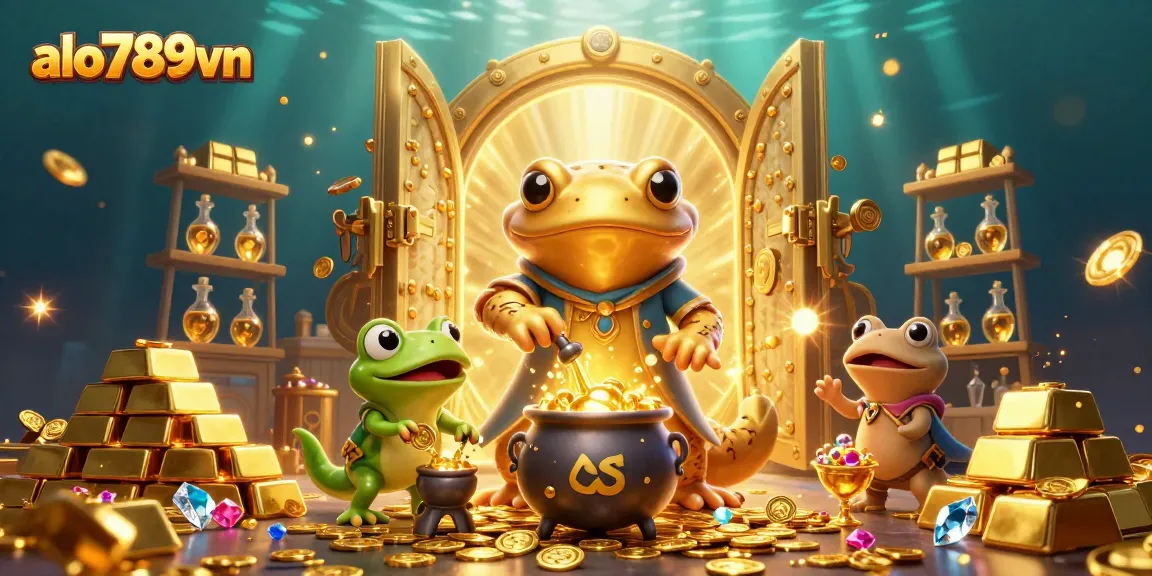 Join the excitement at alo789vn, witnessing the alchemist turning metal into gold coins in an enchanting casino.