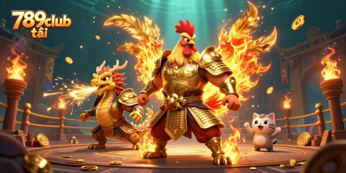 Engaging 789club tải 3D illustration showcasing a fierce rooster warrior, dragon hatchling, and fortune cat in action.