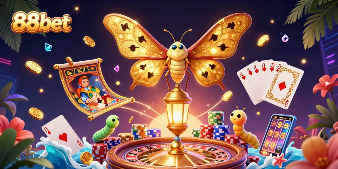 Immerse in 88bet's vibrant casino world with animated characters, golden treasures, and exciting game elements.