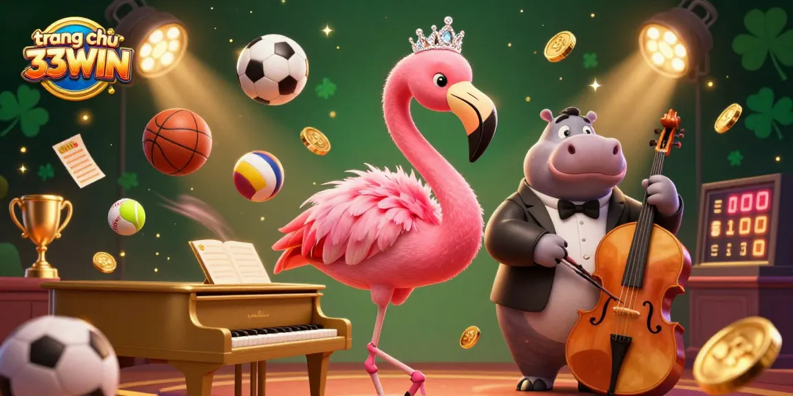 Experience the excitement at trang chủ 33WIN with a vibrant 3D casino scene featuring flamingo singer and hippo bassist.