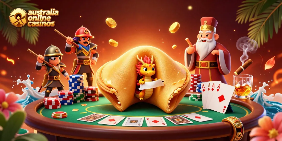 Engage with the vibrant world of australia online casinos, showcasing a detailed fantasy scene of fortune cookies and poker elements.
