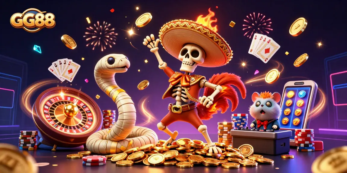Celebrate wins with GG88 in a vibrant 3D casino scene featuring lively characters and festive gambling elements.