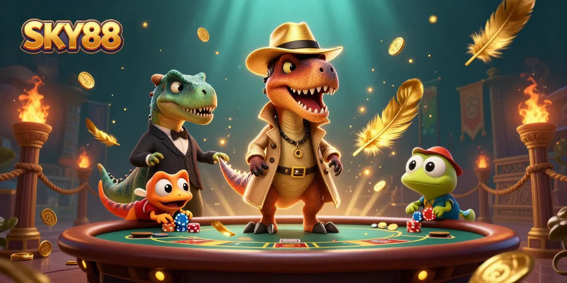 Experience thrilling moments with SKY88’s vibrant gambling scene featuring animated characters and casino elements.
