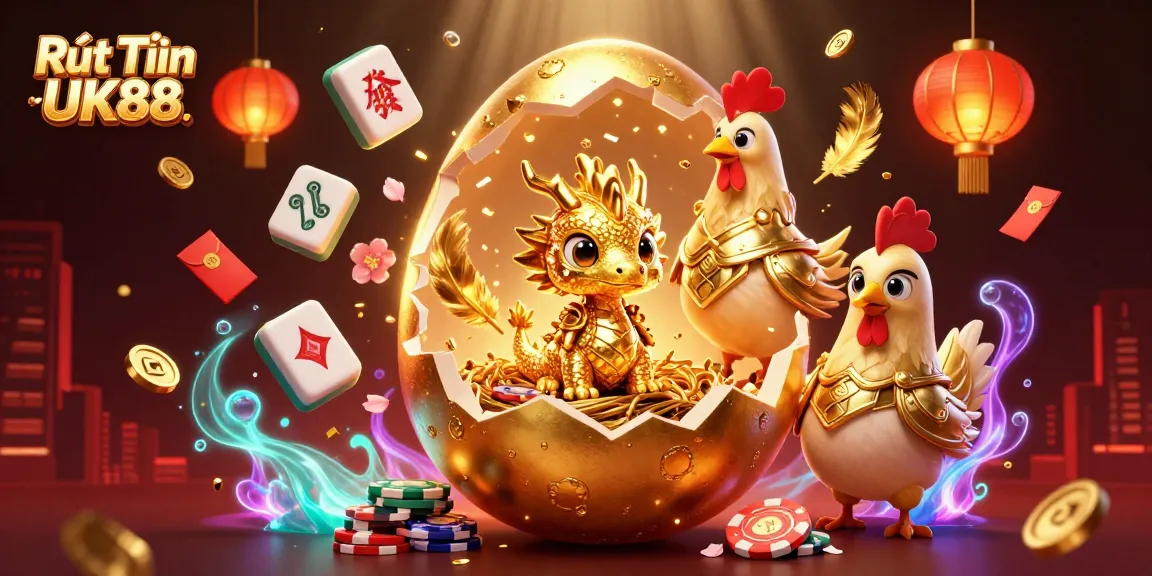 Engage with Rút Tiền UK88 in a vibrant casino-themed fantasy illustration with a golden dragon.