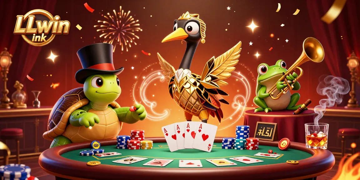 Experience excitement at LLwin ink with a lively 3D casino scene featuring dynamic characters and vibrant poker elements.