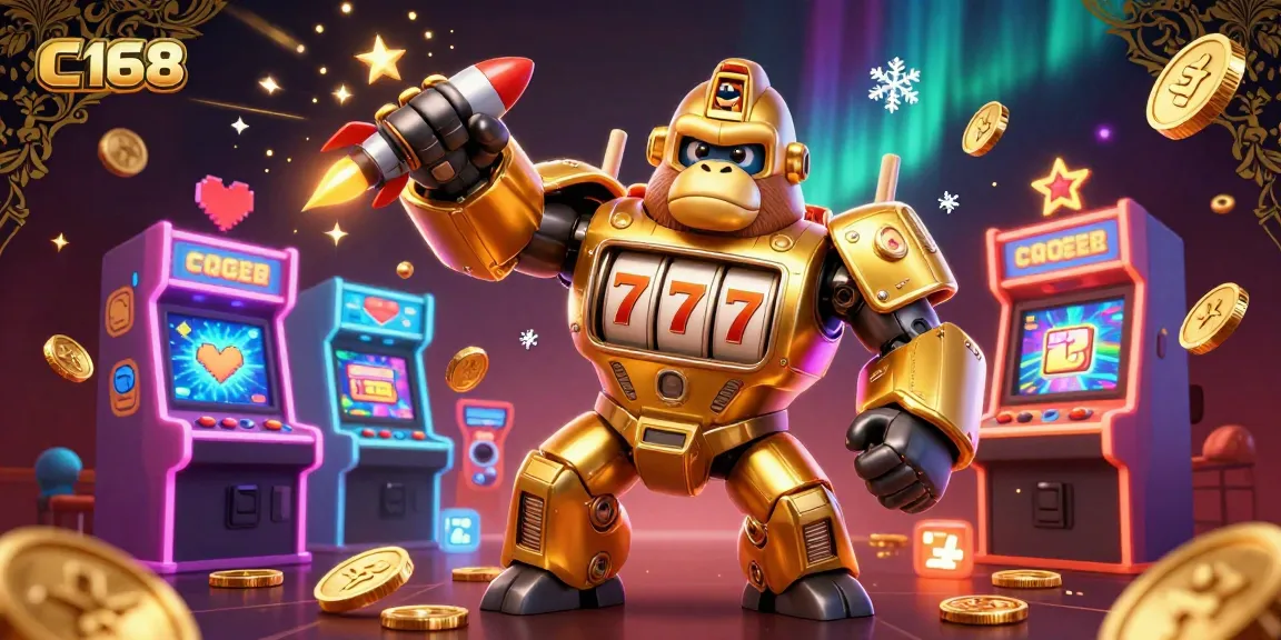 C168: Experience the thrill of casino gaming with a unique robot featuring slot machines and playful elements.