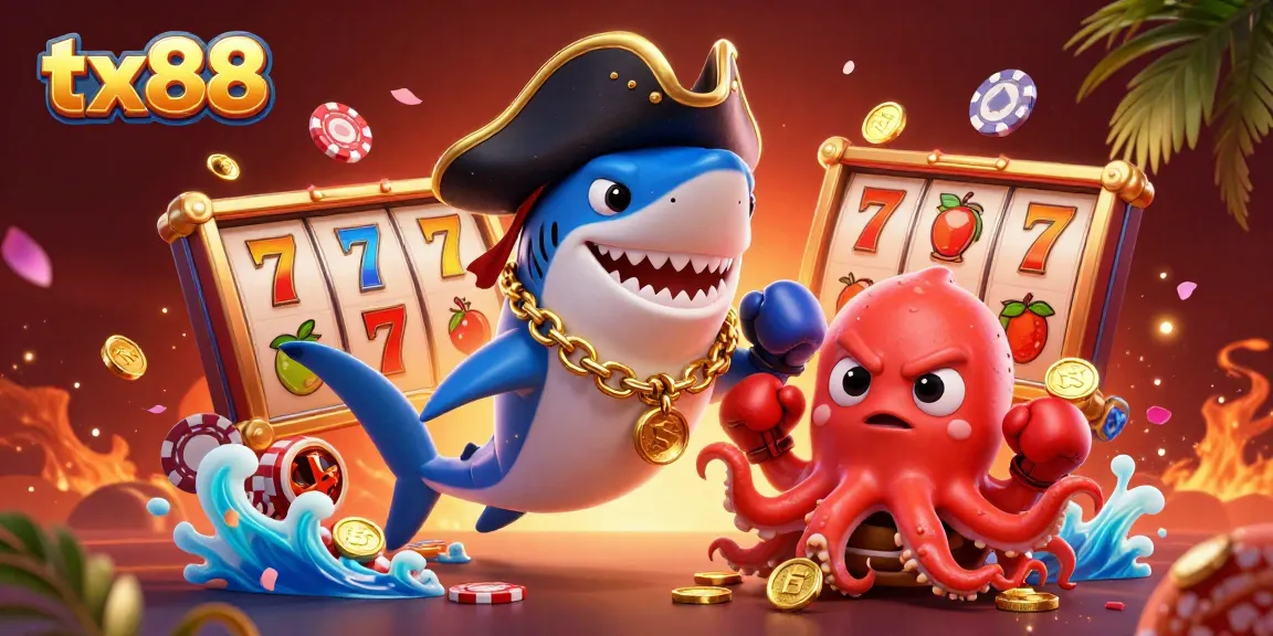 Engage with tx88’s thrilling casino world featuring a pirate shark, pufferfish, and octopus amidst exciting slot game elements.