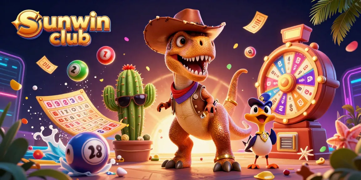 The sunwin club theme comes alive with a 3D cowboy dinosaur and vibrant gaming elements.