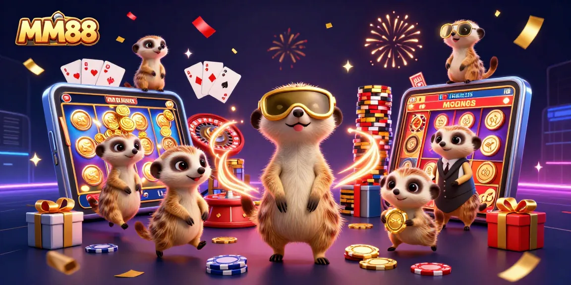 Experience the excitement of MM88 with playful meerkats in an elaborate casino scene filled with games and fun.