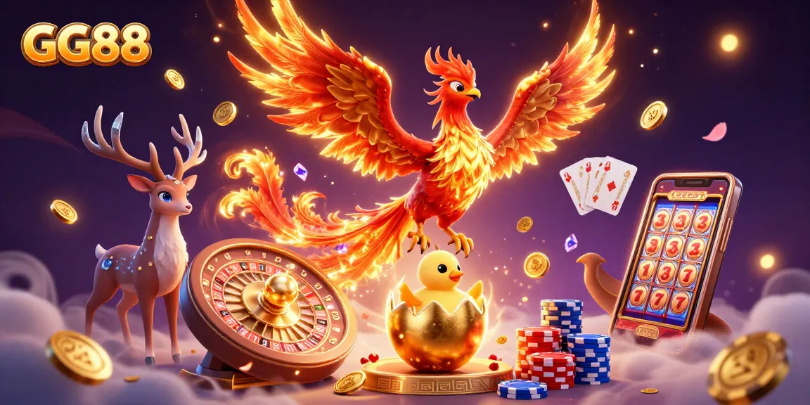 Engage with GG88's thrilling gaming experience featuring vibrant casino elements and a majestic phoenix.