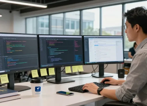 Developer building internal tools with AI in a modern workspace, showcasing workflow and productivity.