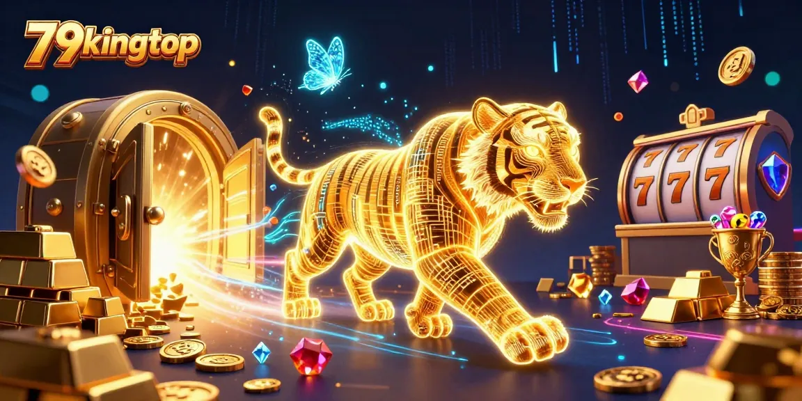 Experience the thrill of 79kingtop in this vibrant digital casino scene with a golden tiger and treasures.
