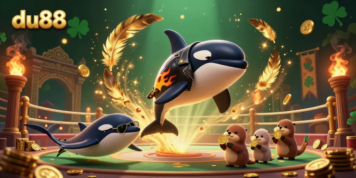 Engaging du88 casino scene featuring an orca whale and sea otters with gold coins, illustrating casino action.