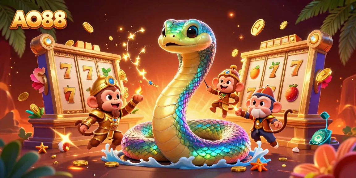 Engage with AO88's vibrant slot adventure featuring a rainbow serpent and golden monkey king
